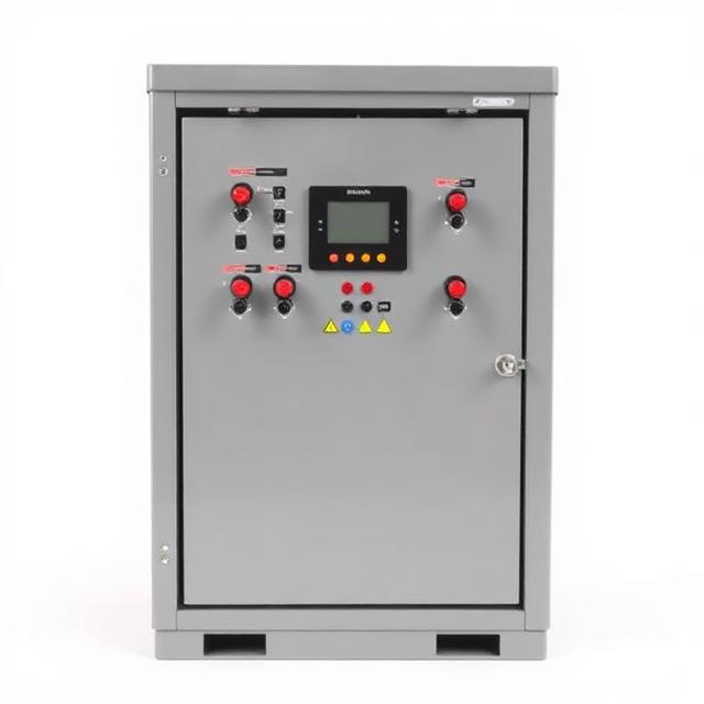 Pump control panel in a steel enclosure with switches, indicators and display