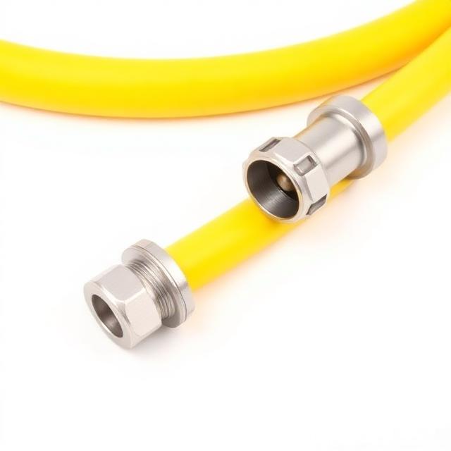 Yellow layflat discharge hose fitted with aluminum cam and groove couplings