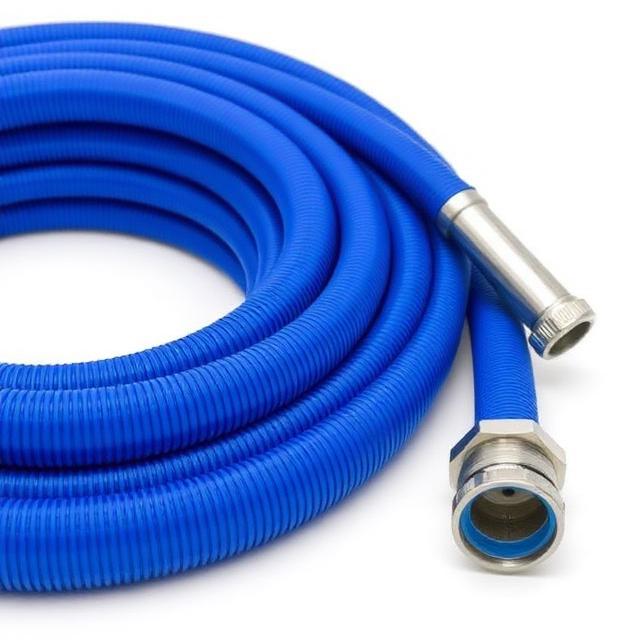 Blue layflat discharge hose fitted with Bauer style quick-connect couplings
