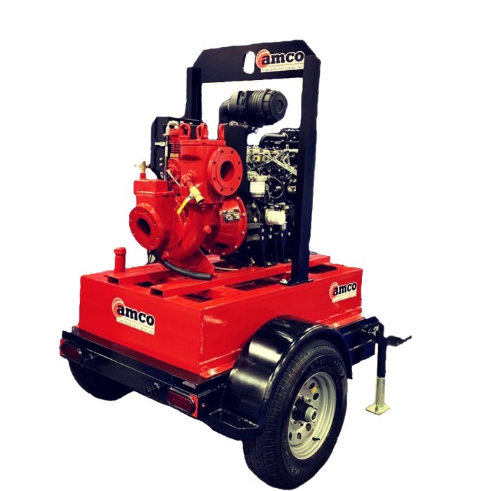 AMCO APCD100 4" x 4" auto-prime trailer-mounted dewatering pump in AMCO red