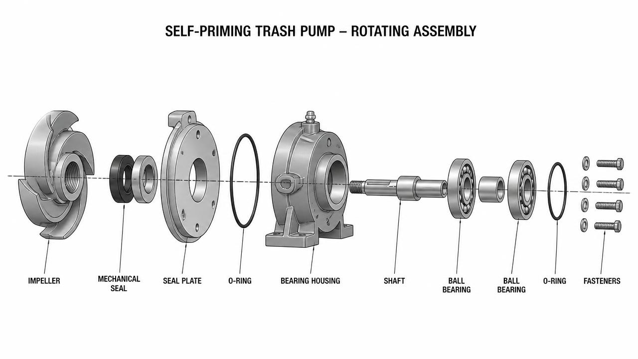 Exploded view of an STP self-prime trash pump rotating assembly showing impeller, mechanical seal, seal plate, bearing housing, shaft, bearings, O-rings and fasteners