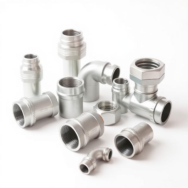 Group of galvanized Bauer style pipe couplings, elbows and adapters
