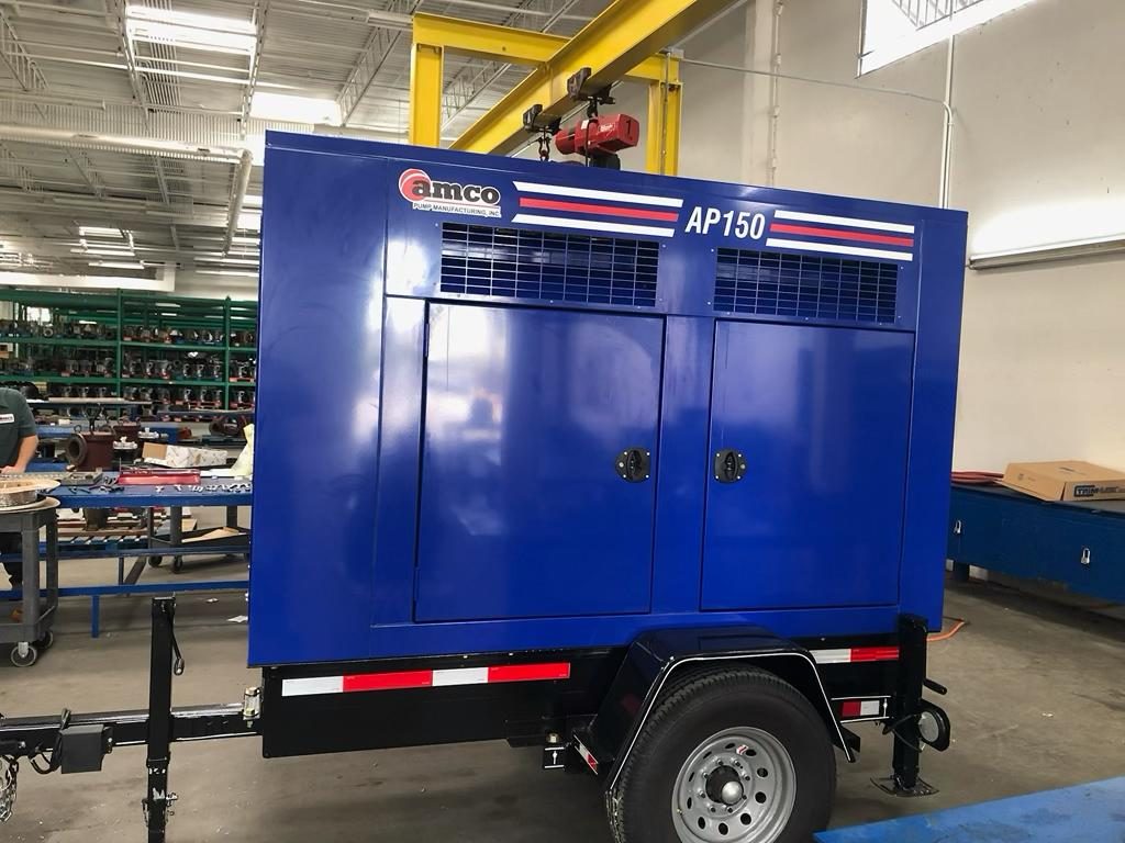 Custom blue AMCO AP150 sound-attenuated pump trailer built for City of Houston Public Works